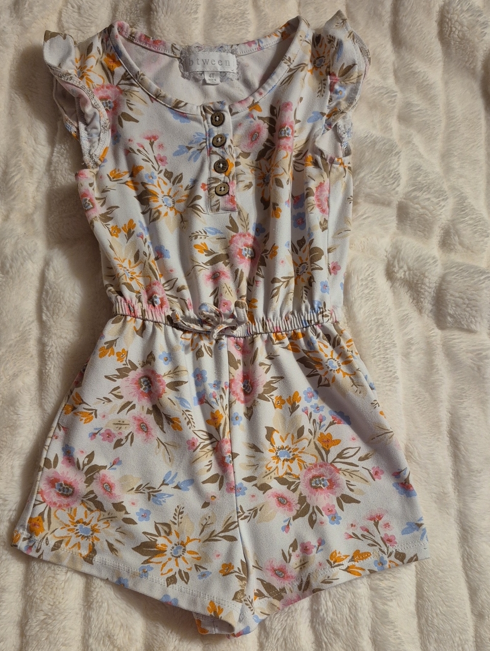 btween White Floral Cotton Romper with Pink & Yellow Blooms